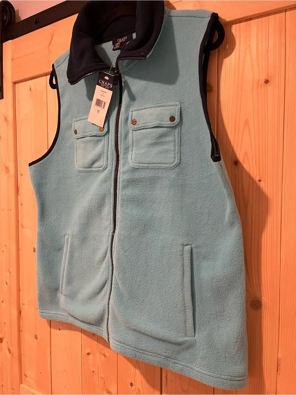 Men’s Chaps Sweater Fleece Vest Two Tone Cyan Blue with Navy Trim XL/TG/EG